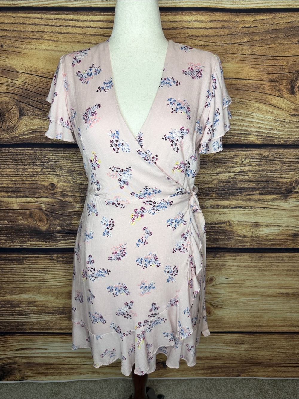 Blue Rain Pale Pink Floral Wrap Mini Dress